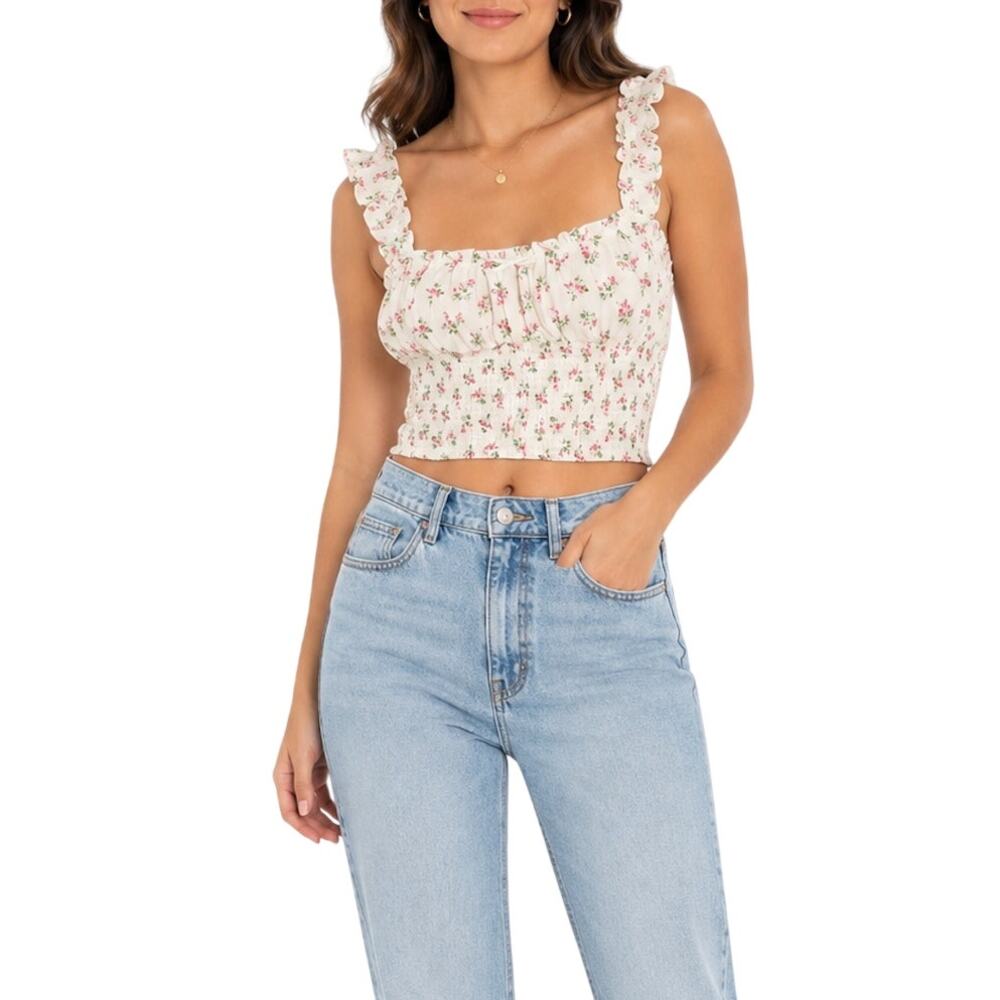 Love Tree White Floral Smocked Crop Top Tank Small NWT